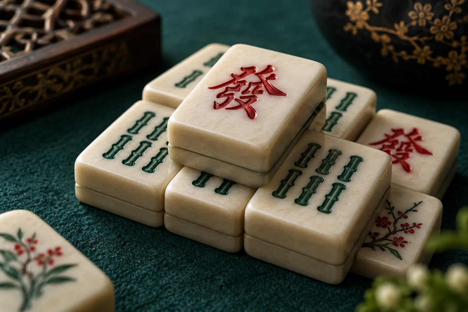 Uppstaplade Taipei-brickor på ett grönt speltyg